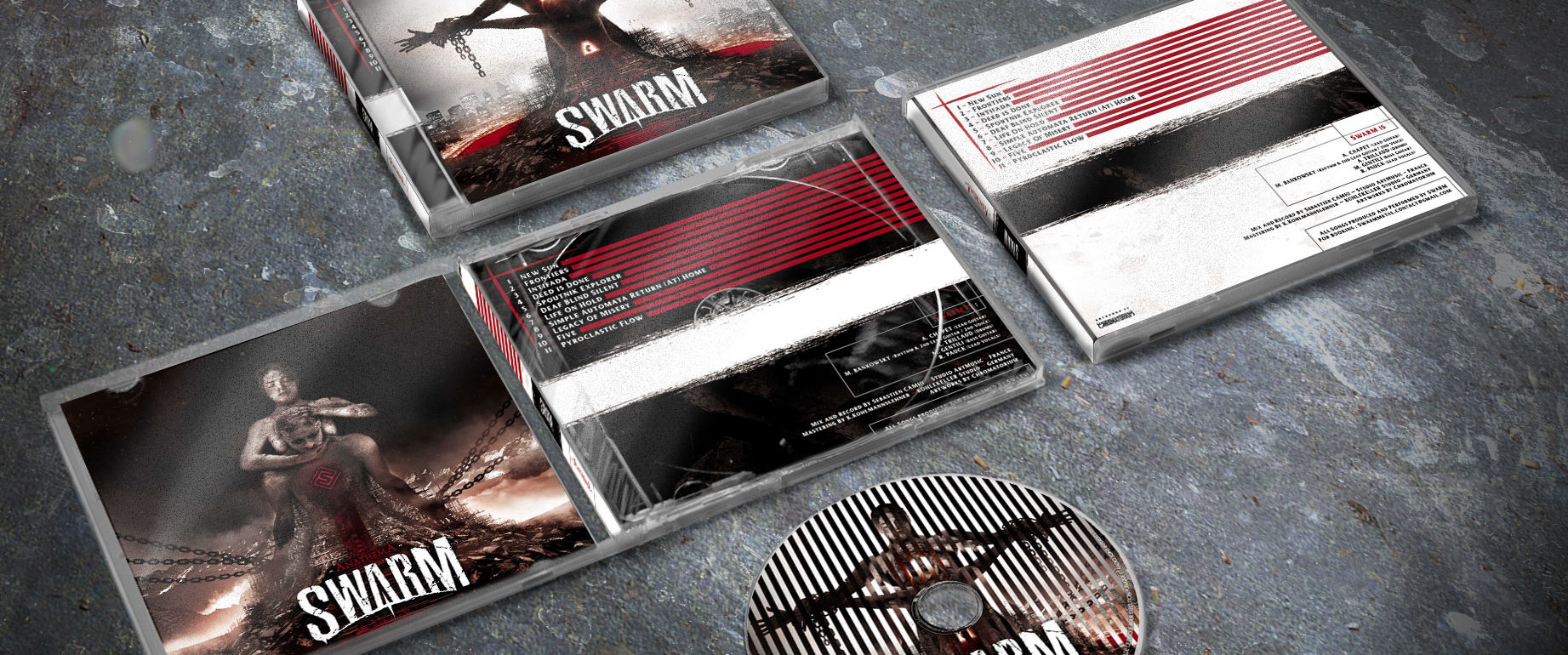 artwork complet illustration de l'ensemble du groupe de hard rock alternatif metal swarm pour l'album anathema fait par le chromatorium