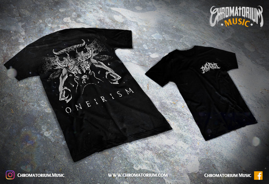 artwork-merch-metal-deathcore-p5ychos3-oneirism-chromatorium-music-graphiste-design merchandising clothing du t-shirt noir du groupe de metal deathcore P5ychos3 pour l'album oneirism fait par le chromatorium