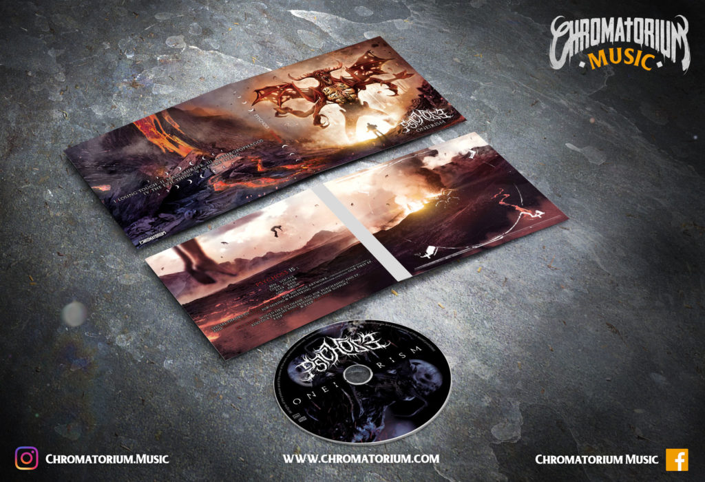 artwork-album-metal-p5ychos3-deathcore-oneirism-chromatorium-music-graphiste-design artwork complet illustration de l'ensemble du groupe de deathcore metal p5ychos3 pour l'album oneirism fait par le chromatorium