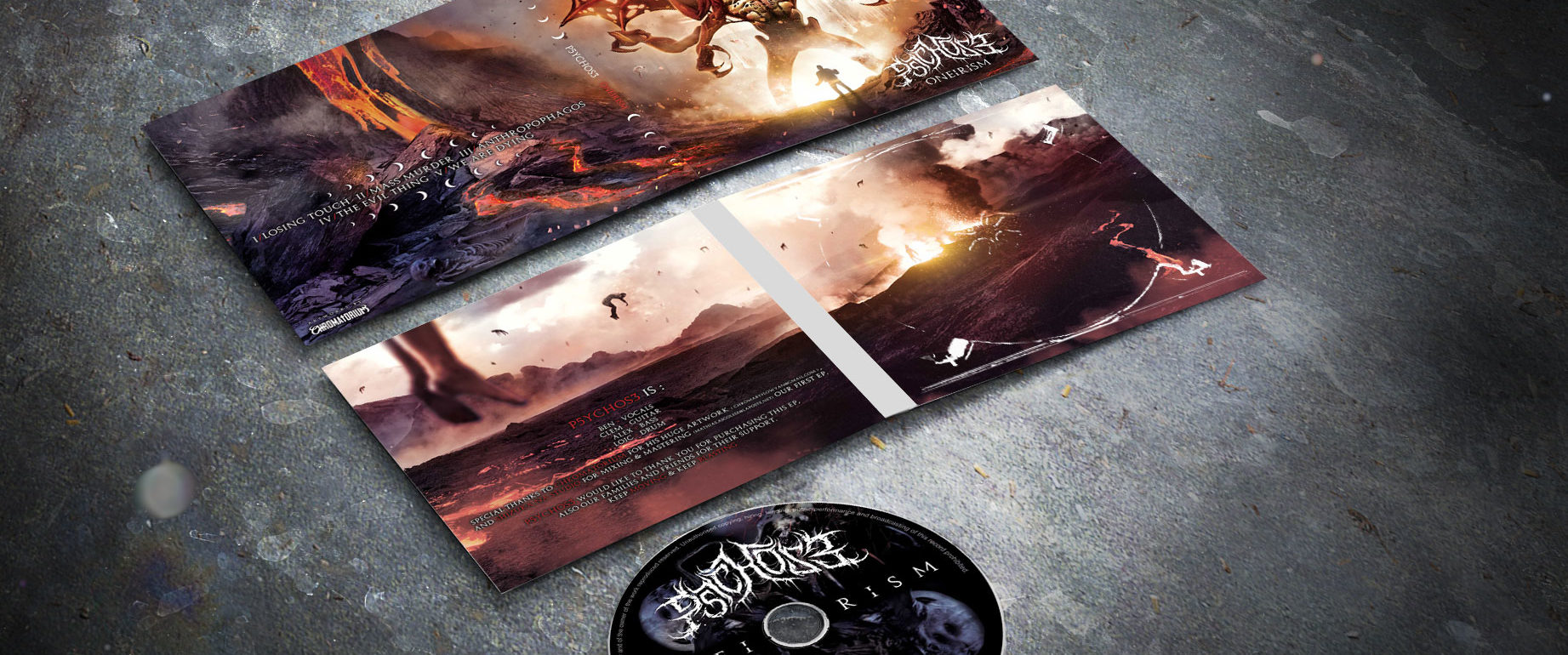 artwork complet illustration de l'ensemble du groupe de deathcore metal p5ychos3 pour l'album oneirism fait par le chromatorium