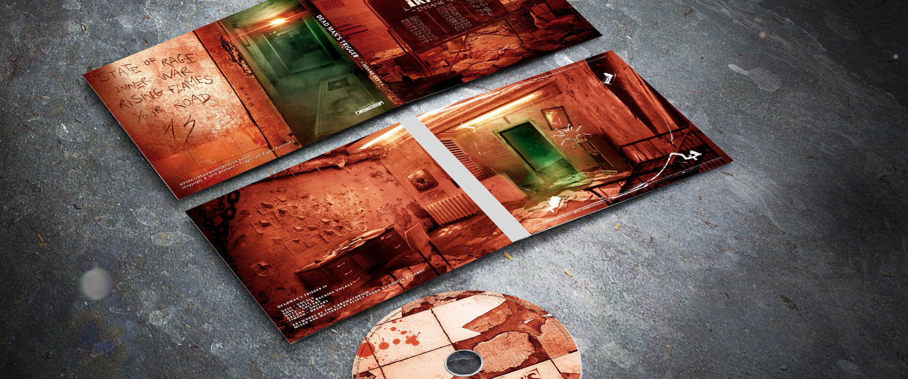 artwork complet illustration de l'ensemble du groupe de heavy modern metal dead man's trigger pour l'album insane yet ? fait par le chromatorium