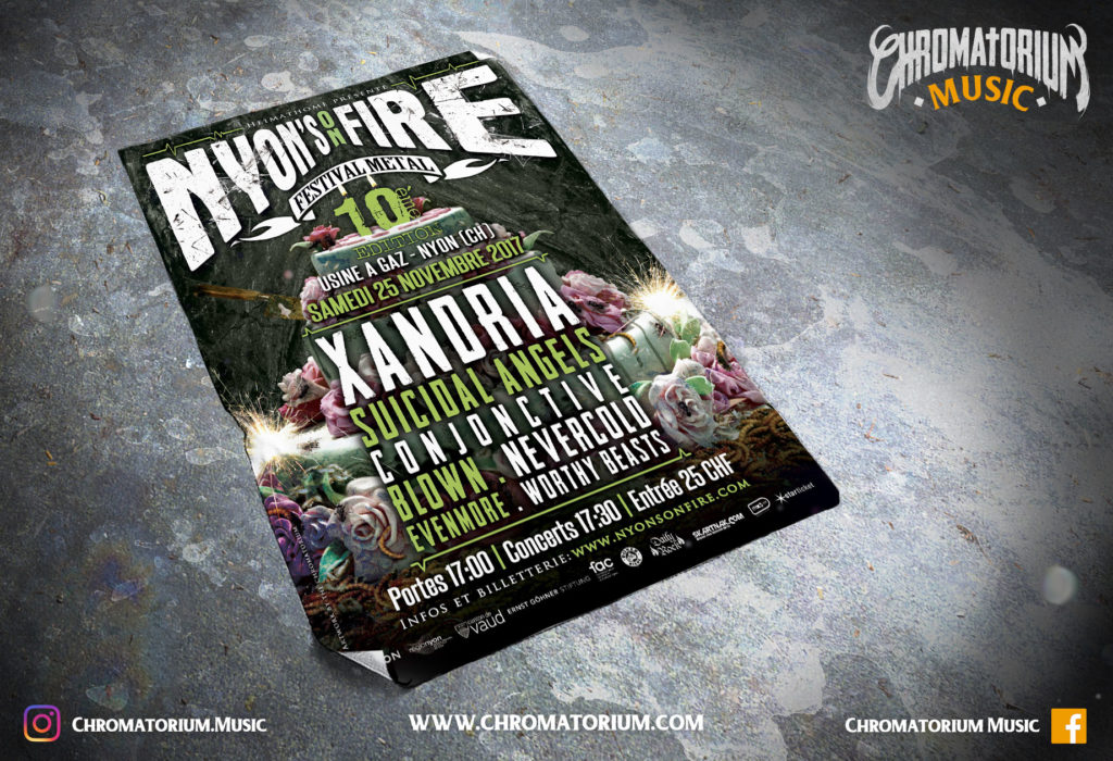 artwork-album-metal-nyon-on-fire-festival-affiche-chromatorium-music-graphiste-design artwork illustration de la cover du festival Nyon's on Fire 10 de progressif à Nyon en Suisse fait par le chromatorium 2020