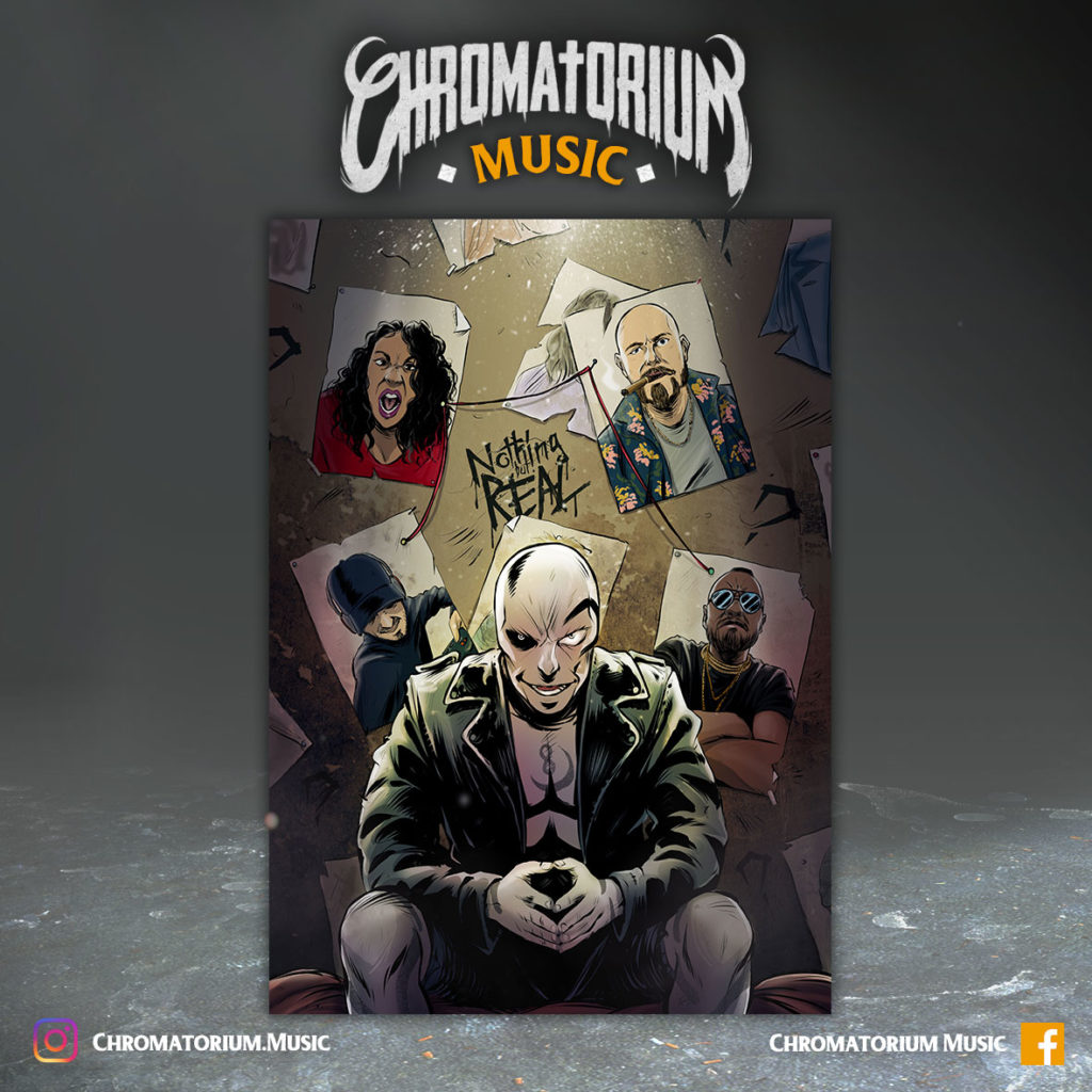 artwork-album-metal-rock-alternatif-nothing-but-real-chromatorium-music-graphiste-design artwork illustration du groupe de rock alternatif metal nothing but real pour l'album fait par le chromatorium