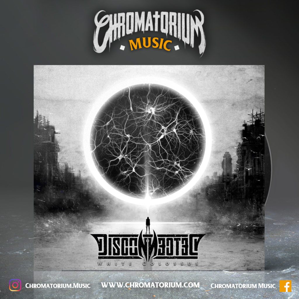 artwork-album-metal-death-prog-nu-disconnected-white-colossus-chromatorium-music-graphiste-design artwork illustration de la cover du groupe de death prog nu metal disconnected pour l'album white colossus fait par le chromatorium