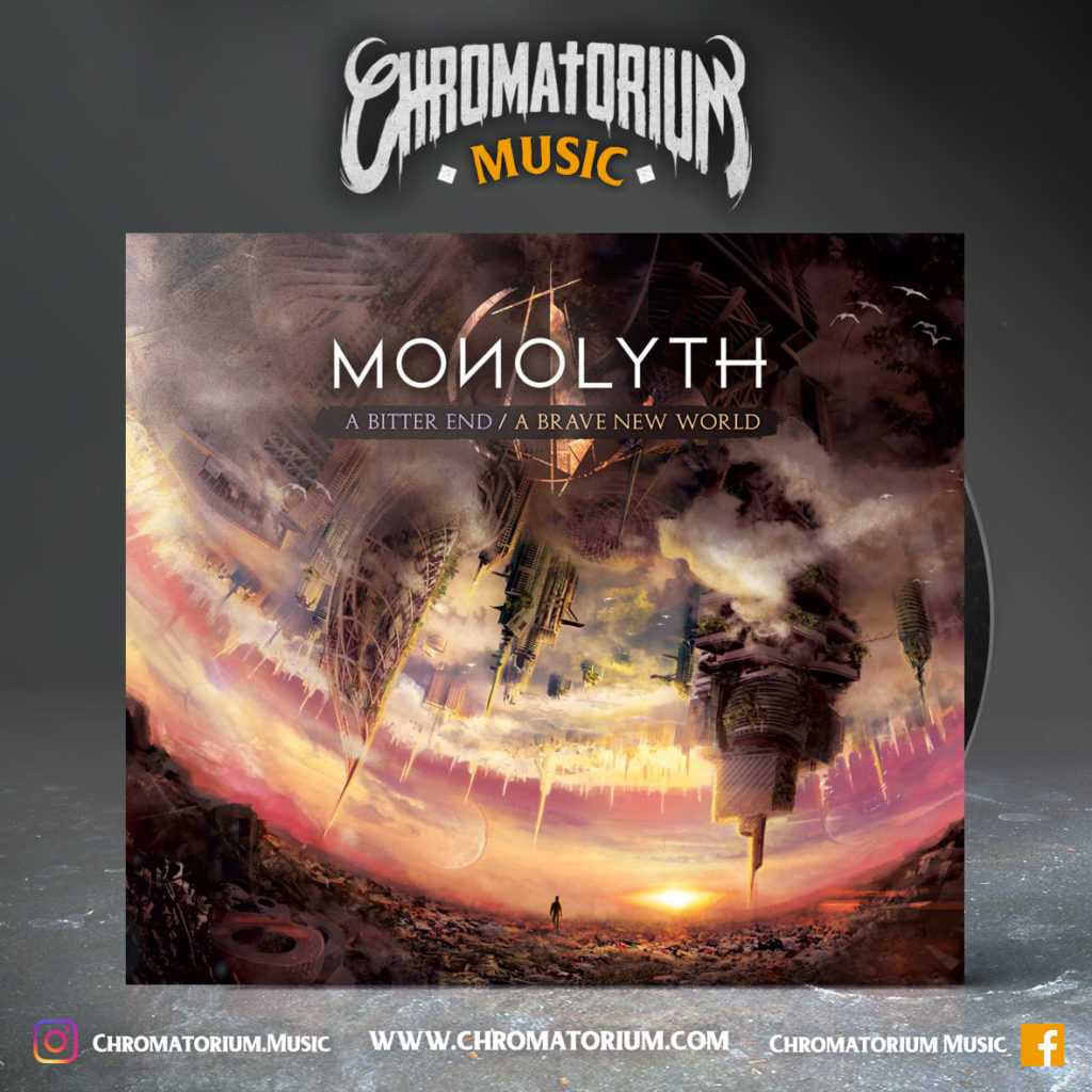 artwork-album-metal-death-thrash-melodic-monolyth-a-bitter-end-brave-new-world-chromatorium-music-graphiste-design artwork illustration de la cover du groupe de death thrash melodic metal monolyth pour l'album a bitter end a brave new world fait par le chromatorium