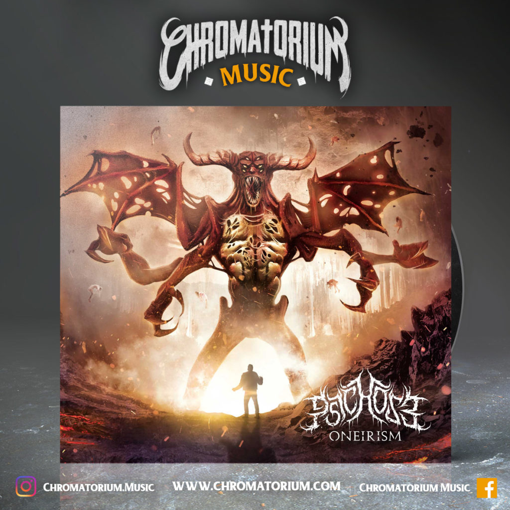 artwork-album-metal-p5ychos3-deathcore-oneirism-chromatorium-music-graphiste-design artwork illustration de la cover du groupe de deathcore metal p5ychos3 pour l'album oneirism fait par le chromatorium