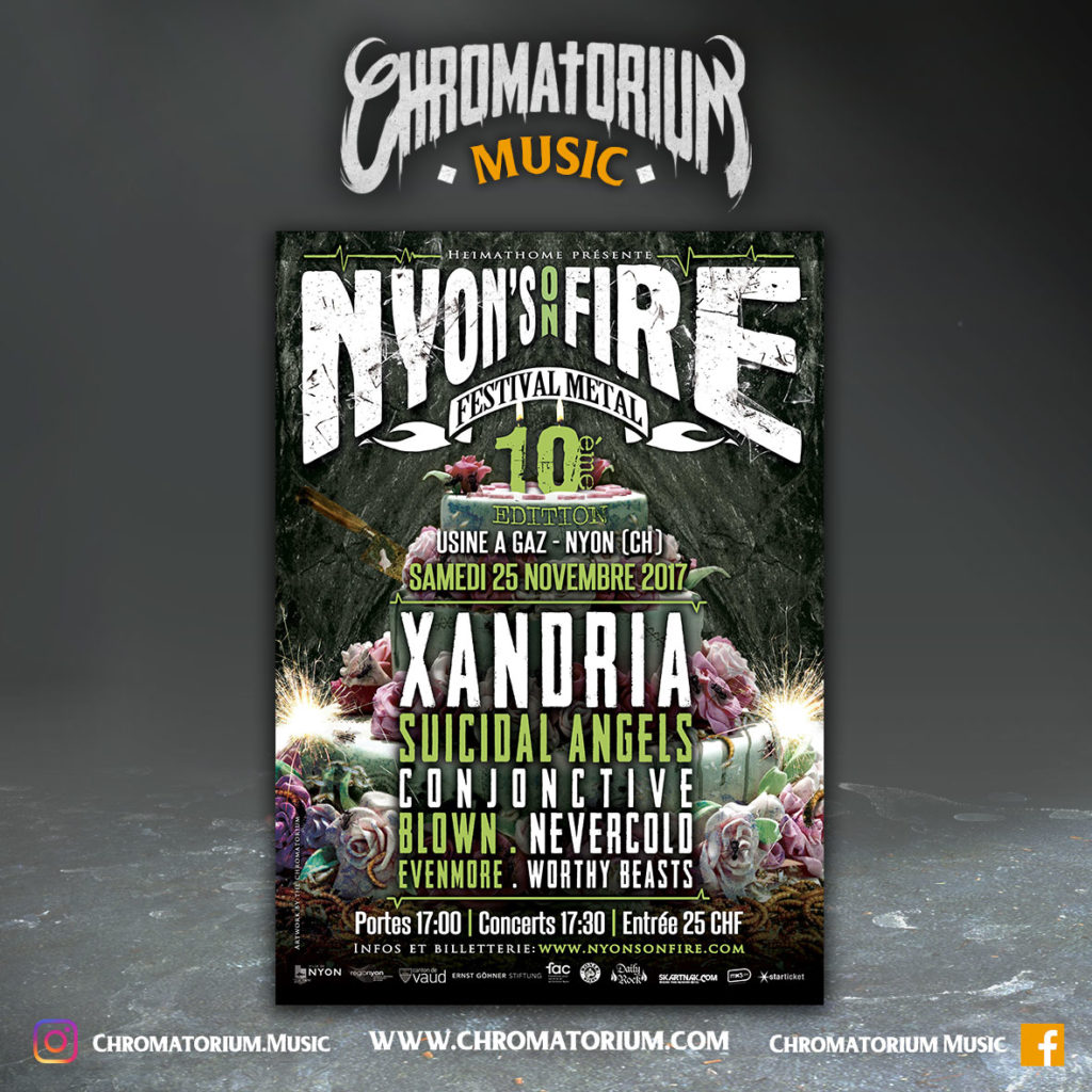 artwork-album-metal-nyon-on-fire-festival-affiche-chromatorium-music-graphiste-design artwork illustration de la cover du festival Nyon's on Fire 10 de progressif à Nyon en Suisse fait par le chromatorium 2020