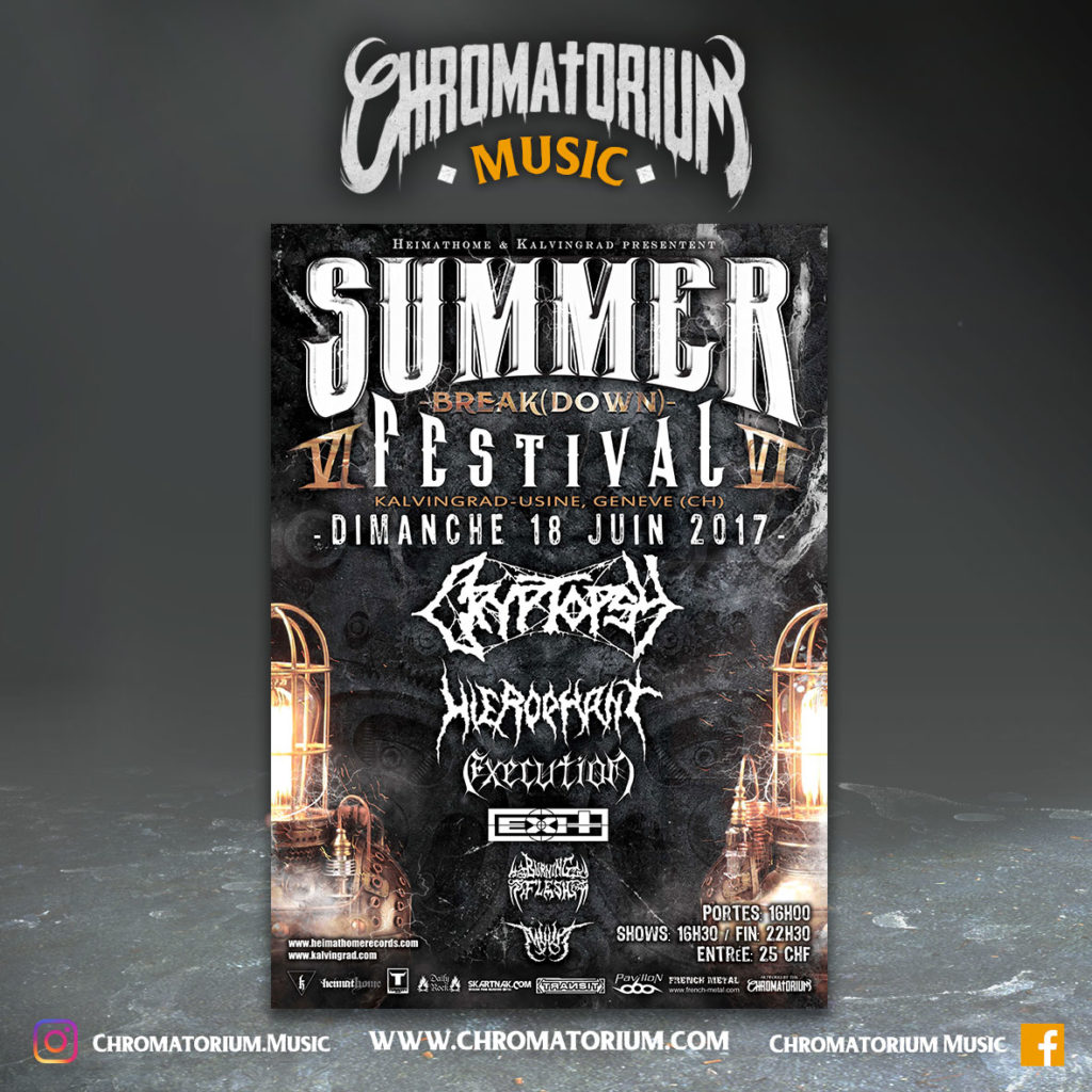 artwork-affiche-metal-death-thrash-summer-breakdown-festival-chromatorium-music-graphiste-design artwork illustration de la cover du festival summer break down de black death metal en suisse fait par le chromatorium