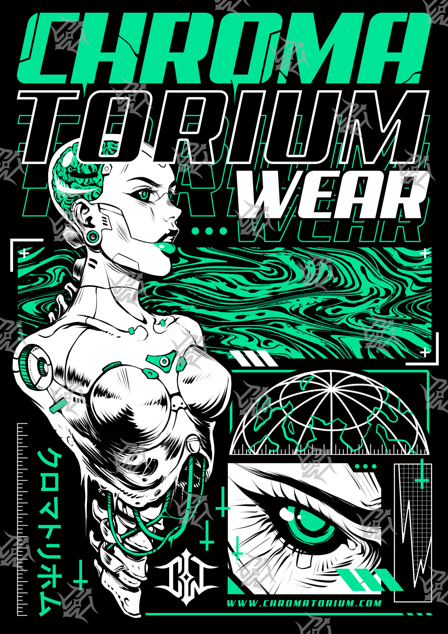 t-shirt noir avec impression sérigraphie cyberpunk girl tattoo chromatorium